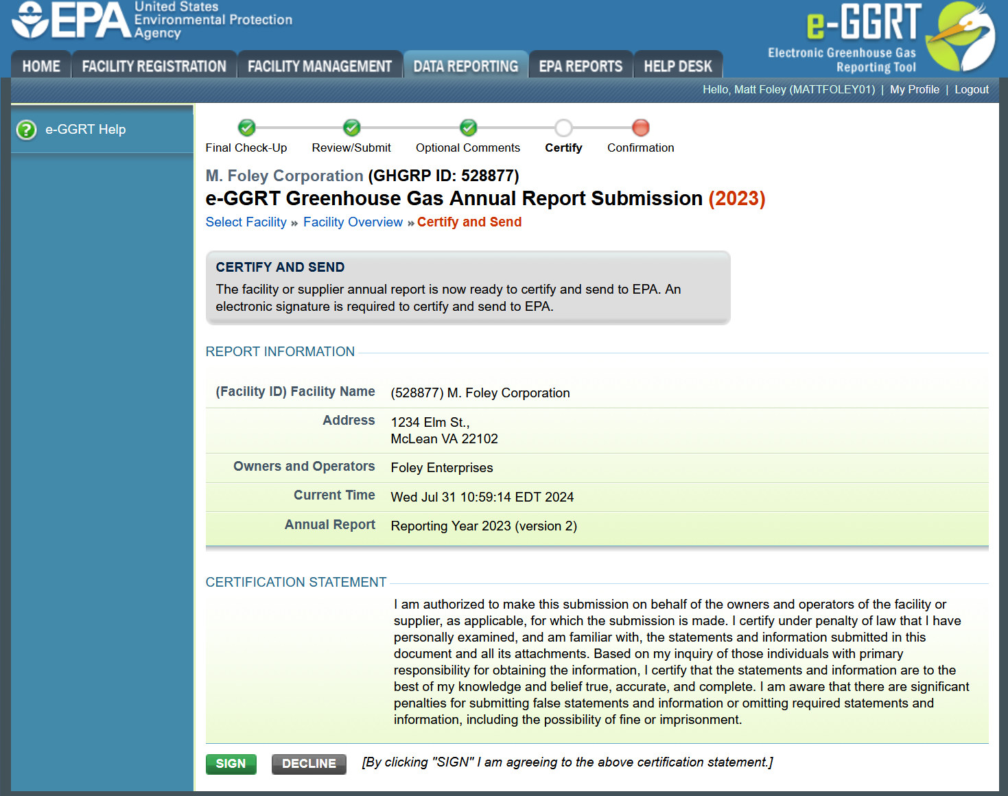 REPORT INFORMATION and CERTIFICATION STATEMENT sections image